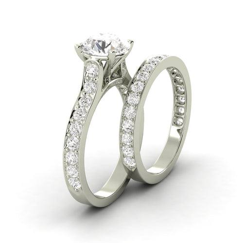 2.08 Carat H SI1 CERTIFIED Round Shape Engagment & Wedding Set Custom Made Real Diamond Solitaire with Accents Enhanced