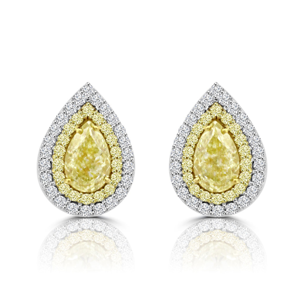 Natural Fancy Yellow Pear Earrings Shape Halo 1.26 Carat 18K Gold Canary Diamonds Studs Earth Mind Love Gift